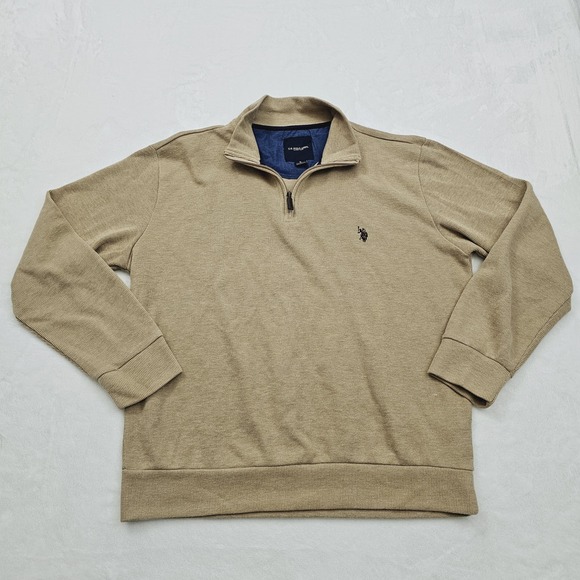 US Polo Assn Mens Large Brown Quarter Zip Knit Pullover Sweater Preppy Classic - Picture 2 of 7
